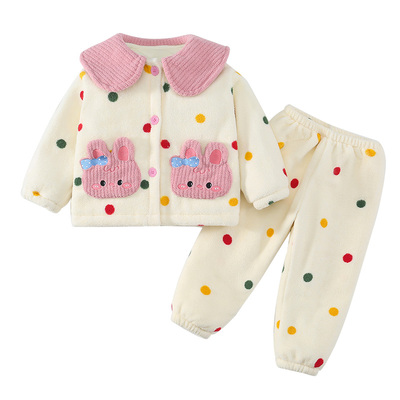 女童加厚卡通睡衣冬款家居服套装