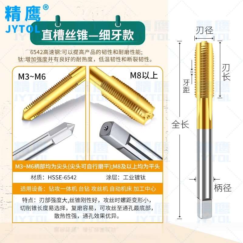 HSS高速钢镀钛含钴工厂细牙丝丝锥攻用直销m3/4/5/6/27高强度机