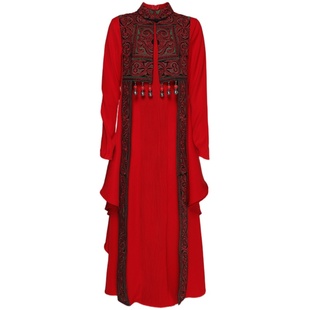 杨丽萍官方原创设计雀云裳民族风刺绣盘扣立领苗银连衣裙女秋冬