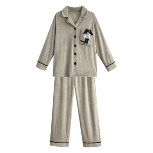 文森熊猫海岛绒秋冬家居服睡衣女士可外穿加绒加厚法兰绒套装