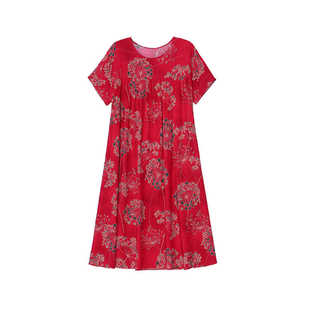 钱丽娜中老年胖妈妈装棉绸连衣裙夏季短袖中长裙宽松大码碎花裙子