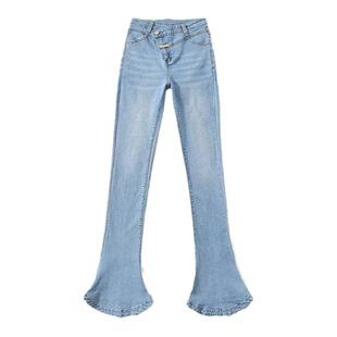 怪力酱 美式微喇叭马蹄裤女春秋小个子修身丰胯紧身阔腿牛仔长裤