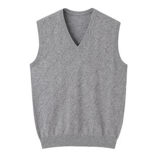 阿绒源100山羊绒男背心内蒙古发货鸡心领套头商务毛坎肩灰色马甲