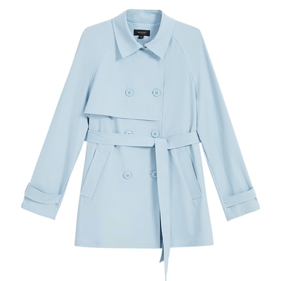 YINER音儿2026春季新款时尚优雅翻领双排扣中长款四面弹风衣外套