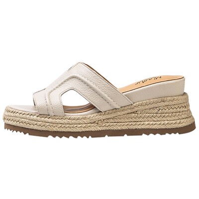 Miaolv College草编一字拖鞋女夏外穿厚底坡跟凉拖鞋小个子白色鞋