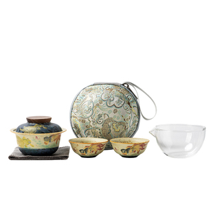 火石红年年有鱼盖碗快客杯便携式旅行茶具套装户外喝茶装备泡茶杯