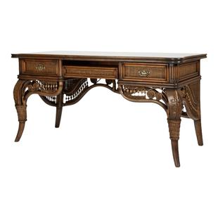 长青堂一体实木书桌藤编电脑办公桌老板桌家用简约写字台抽屉桌子