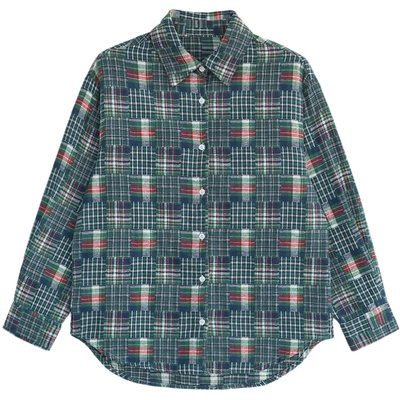 花吉B648蓝绿色圣诞结纯棉磨毛格子复古衬衫女2025新款秋冬衬衣