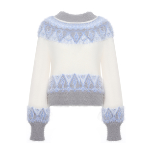 GEGINA吉吉娜女装提花圆领针织衫圆领绵羊毛混纺保暖时髦毛衣女