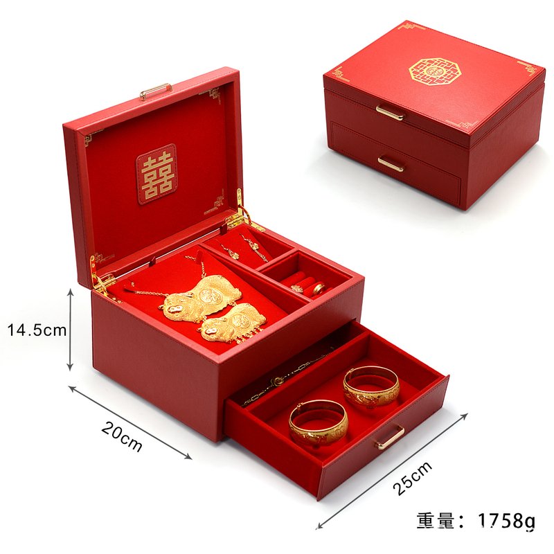 新款高档首饰收纳箱婚庆展示五金黄金盒送礼结婚盒婚礼三金盒珠宝