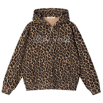 CLIMAX VISION花体字烫钻logo豹纹连帽开衫卫衣春季情侣装外套