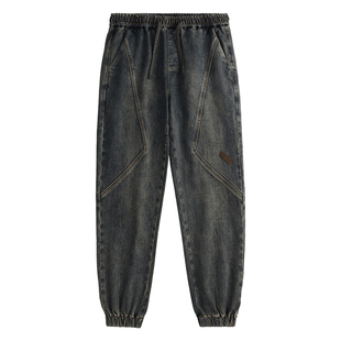 马切达美式复古拼接小脚裤男款抽绳牛仔裤春秋2026新款休闲男裤潮