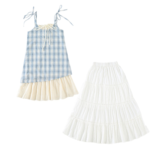 女童蓝色格子吊带裙连衣裙2025新款夏季假两件海边穿搭度假长裙子