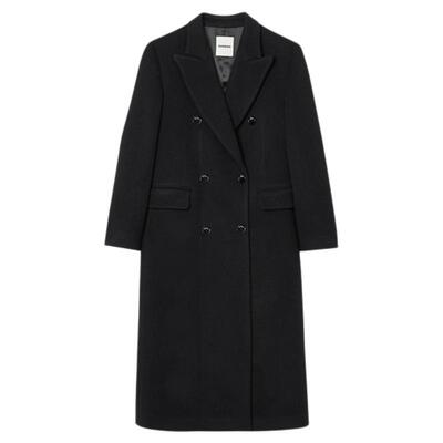 黑色双排扣过膝毛呢大衣