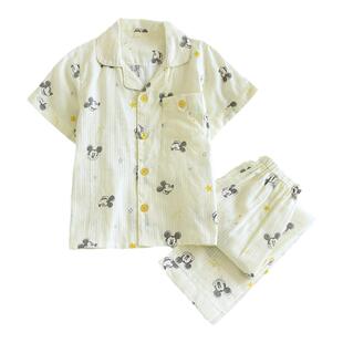 迪士尼夏季儿童纯棉纱布薄款米奇男童翻领短袖睡衣透气全棉家居服