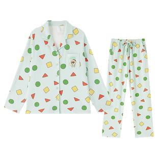 蜡笔小新联名纯棉睡衣女款春秋带胸垫情侣夏家居服男长袖女士秋冬