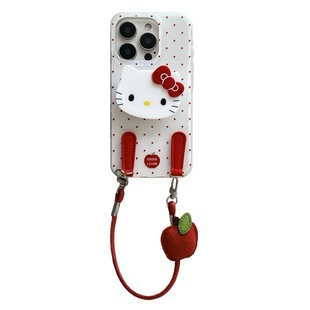 由里公园ins白鹿同款可爱波点猫咪挂绳15适用16pro苹果16ProMax手机壳iPhone16全包14新款14Promax保护套13女