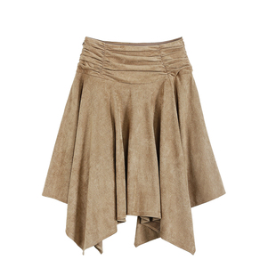 pusumede 费城日落 麂皮质感不规则半身裙女设计感褶皱高腰中长裙