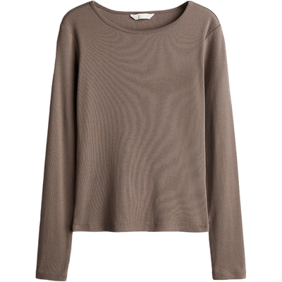 HM女装T恤秋季内搭时尚休闲棉质修身罗纹长袖上衣0996759