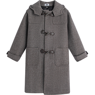 万有引力博物馆牛角扣毛呢大衣女冬季2023新款宽松中长款连帽外套