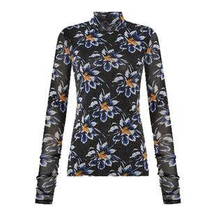 DVF2025秋冬新款水墨百合图案金属弹力网纱长袖打底上衣BL3T006