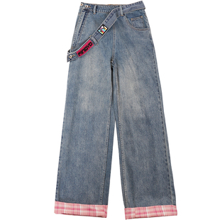 自然涩浅蓝色侧拉链牛仔裤女款冬季加绒新款格纹翻边阔腿裤子春秋