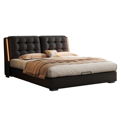 黑色真皮床现代简约靠背可调节