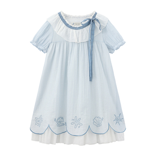 东京岁时记jk原创夏季蓝色刺绣短袖娃娃裙少女甜美花边减龄连衣裙