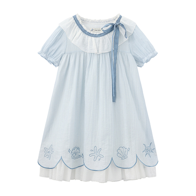 东京岁时记jk原创夏季蓝色刺绣短袖娃娃裙少女甜美花边减龄连衣裙
