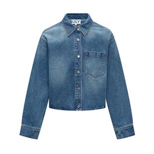 LILY2026春新款复古烫钻满天星休闲气质通勤衬衫式短款牛仔外套女