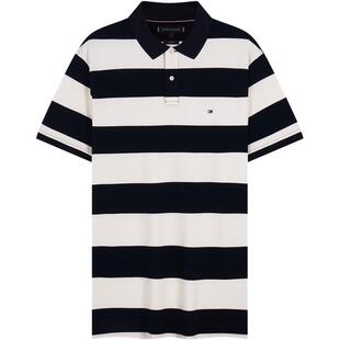 Tommy春夏男装珠地网眼休闲美式复古宽条纹宽松翻领短袖T恤POLO衫