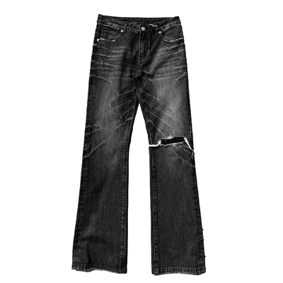 闪电纹黑灰洗水牛仔裤