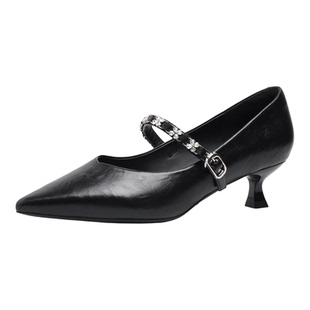 【5cm】2026春季新款尖头方根高跟鞋镶砖皮带扣气质时尚浅口单鞋