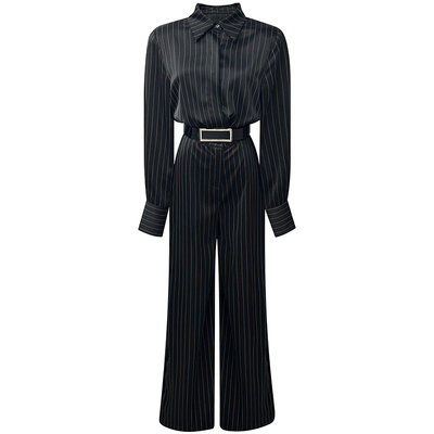 缎面条纹衬衫连体裤女秋季新款时尚气质御姐范长袖高腰垂感阔腿裤