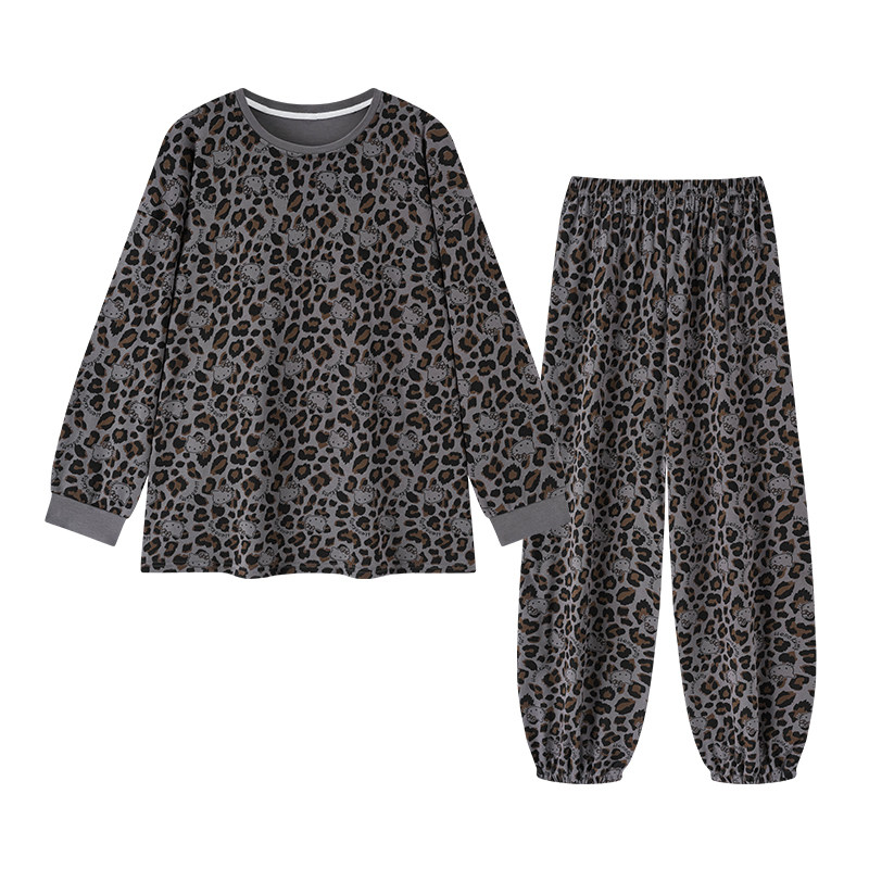 纯棉女自带胸垫豹纹家居服套装