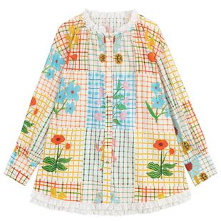 KEIKO 涂鸦印花格子长袖衬衫26春日多巴胺穿搭蕾丝花边娃娃衫上衣