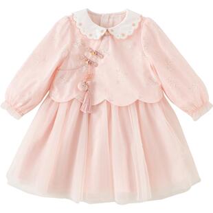 戴维贝拉女童汉服裙子春装连衣裙儿童公主裙宝宝扭花盘扣国风裙子
