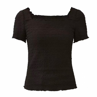 Girdear/哥弟法式优雅复古方领木耳边设计微修身短袖T恤130150