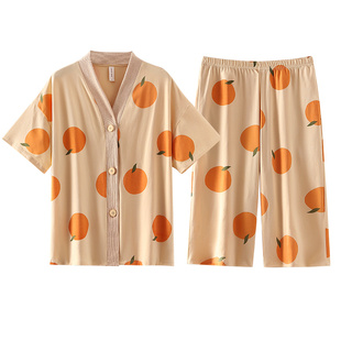 睡衣女夏天薄款纯棉短袖七分裤开衫无领家居服带胸垫甜美两件套装