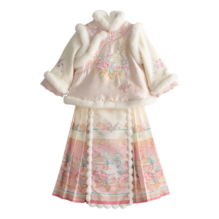 汉服女童2026冬款儿童拜年服女孩新中式加绒明制马面裙套装两件套