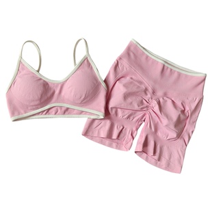 欧美拼色瑜伽套装女带胸垫紧身速干外穿跑步运动健身瑜伽高腰短裤