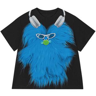 [沐言同款]woobaby儿童毛怪短袖T恤男童女童夏季一家三口亲子装