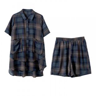 宝诗黎两件套格子衬衫短裤套装2026夏季休闲洋气宽松短袖大码女装