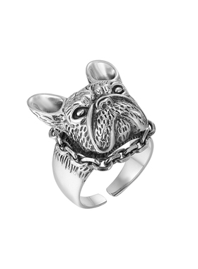原创男士时尚个性霸气小众手工做旧斗牛犬法斗狗头戒指开口可调节