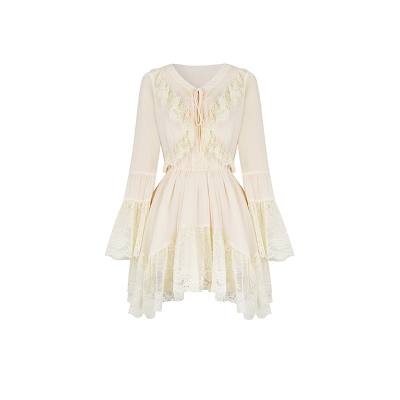 安妮不火荷叶边蕾丝拼接V领雪纺A字连衣裙微胖大码法式收腰少女裙