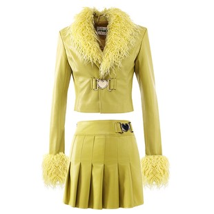 JYOSEI角色原创滩羊毛领不可拆明黄色仿羊皮衣高腰短裙辣妹套装女