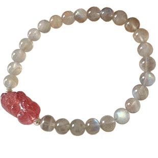OkFineyard天然灰月光石手串女草莓晶貔貅串珠弹力绳招财转运手链