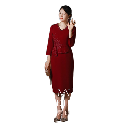 妈妈婚宴装礼服酒红色