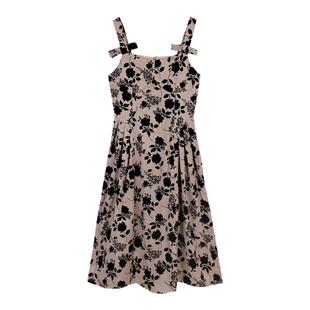 弥古复古蝴蝶结连衣裙女气质高级感植绒吊带裙秋冬碎花背带裙长裙