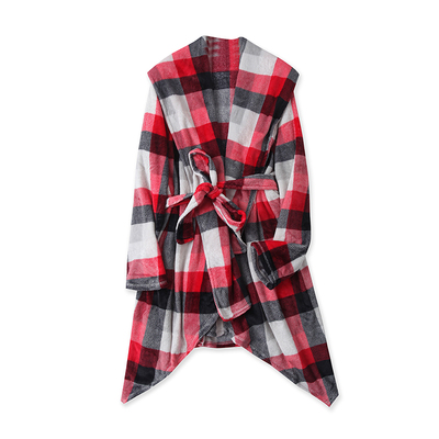 中长毛绒睡袍 冬新款女装翻领长袖系带腰撞色格子不规则浴袍32947